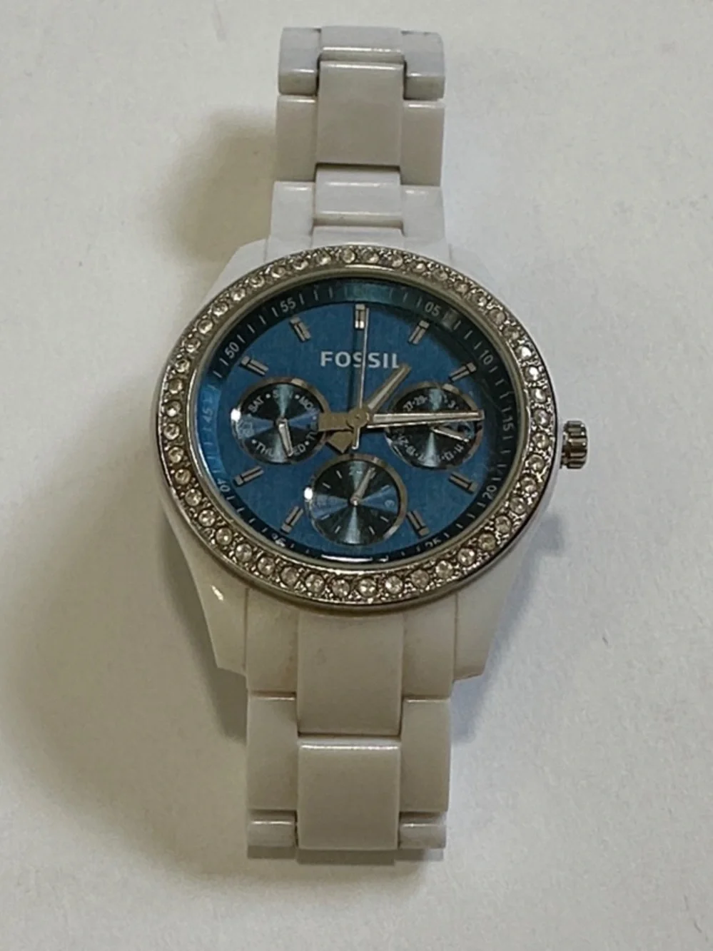 Fossil Women’s White Ceramic Watch Blue Dial and Crystal Bezel White Band